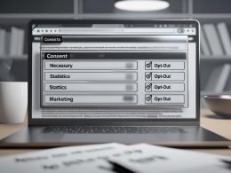 Transparenter Consent-Layer auf Laptop mit Opt-in/Opt-out-Kategorien, im Hintergrund verschwommene Analytics- und Marketing-Icons sowie DSGVO-Notizen auf Schreibtisch.
