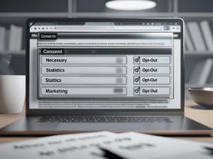 Transparenter Consent-Layer auf Laptop mit Opt-in/Opt-out-Kategorien, im Hintergrund verschwommene Analytics- und Marketing-Icons sowie DSGVO-Notizen auf Schreibtisch.