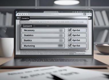 Transparenter Consent-Layer auf Laptop mit Opt-in/Opt-out-Kategorien, im Hintergrund verschwommene Analytics- und Marketing-Icons sowie DSGVO-Notizen auf Schreibtisch.