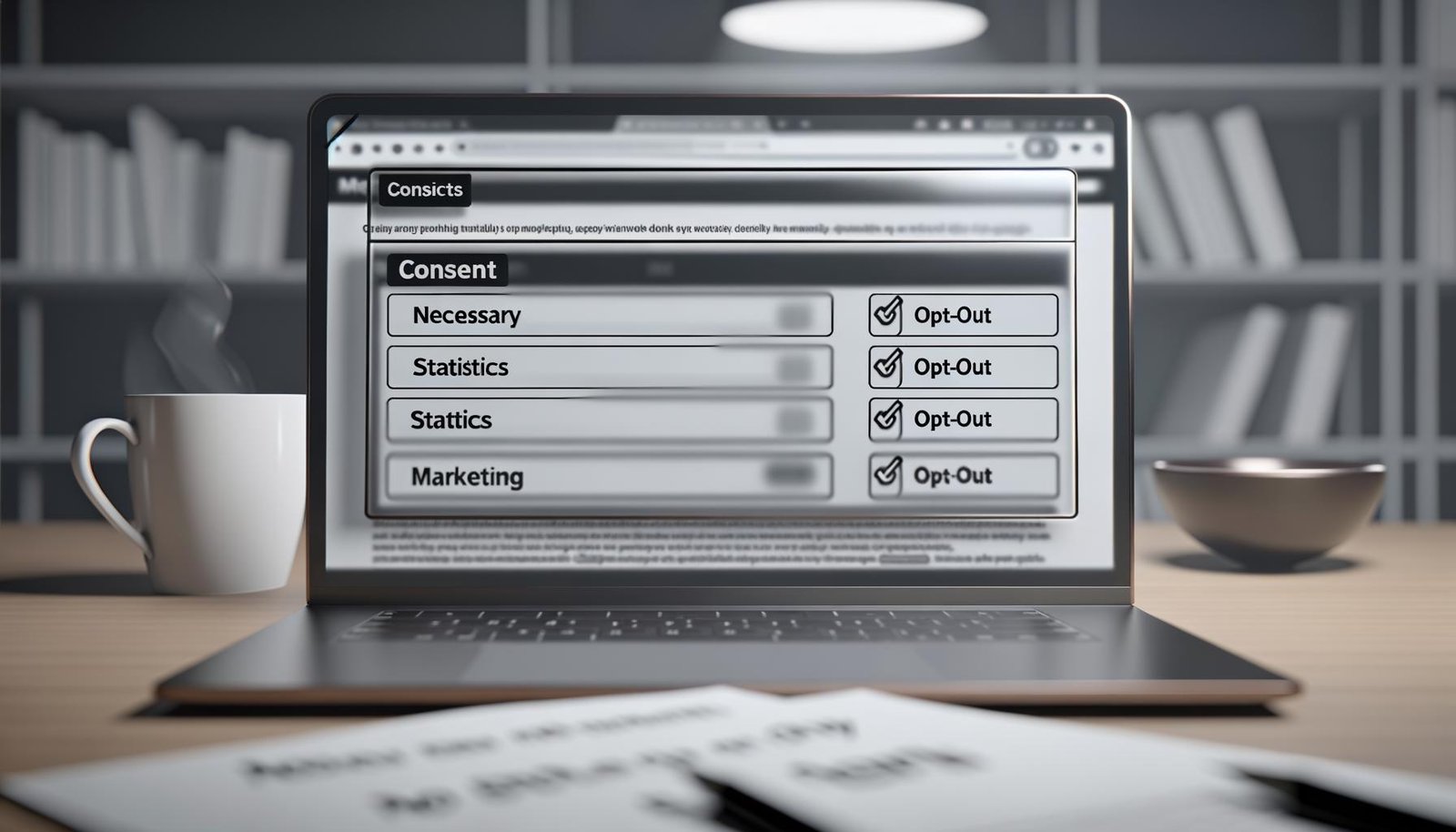 Transparenter Consent-Layer auf Laptop mit Opt-in/Opt-out-Kategorien, im Hintergrund verschwommene Analytics- und Marketing-Icons sowie DSGVO-Notizen auf Schreibtisch.