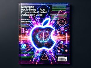 Magazin-Titelbild mit Schriftzug 'Apple News Ads Programmatic Creative Optimization Guide meistern', digitale Datenströme, Neon-Diagramme, KI-Symbole und Apple News-Logo auf schwarzem Hintergrund.