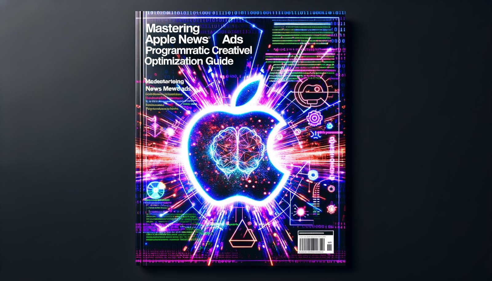 Magazin-Titelbild mit Schriftzug 'Apple News Ads Programmatic Creative Optimization Guide meistern', digitale Datenströme, Neon-Diagramme, KI-Symbole und Apple News-Logo auf schwarzem Hintergrund.