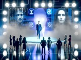 Politiker auf digitaler Bühne zwischen schwebenden Bildschirmen mit Deepfakes und KI-Avataren, umgeben von diskutierenden Figuren. Kühle, futuristische Lichtstimmung.