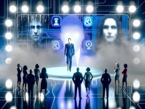 Politiker auf digitaler Bühne zwischen schwebenden Bildschirmen mit Deepfakes und KI-Avataren, umgeben von diskutierenden Figuren. Kühle, futuristische Lichtstimmung.