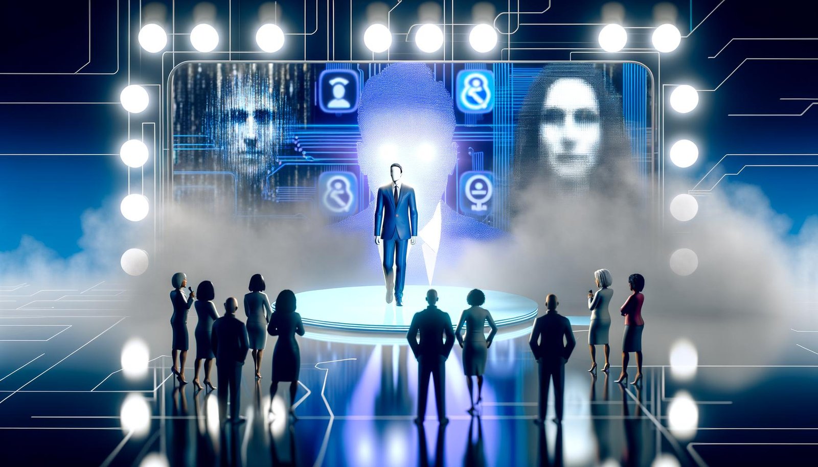 Politiker auf digitaler Bühne zwischen schwebenden Bildschirmen mit Deepfakes und KI-Avataren, umgeben von diskutierenden Figuren. Kühle, futuristische Lichtstimmung.