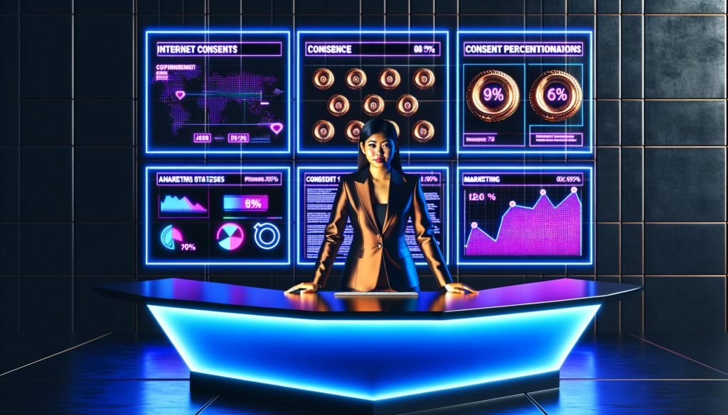 Stylisierter Marketingspezialist an einem digitalen Schreibtisch, umgeben von Analytics-Screens und Cookie-Bannern, die zu Goldmünzen werden. Helle Neonlichter und kontrastreiche Atmosphäre symbolisieren Wettbewerbsgeist und Profit durch Datenschutz.