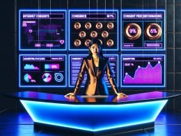 Stylisierter Marketingspezialist an einem digitalen Schreibtisch, umgeben von Analytics-Screens und Cookie-Bannern, die zu Goldmünzen werden. Helle Neonlichter und kontrastreiche Atmosphäre symbolisieren Wettbewerbsgeist und Profit durch Datenschutz.