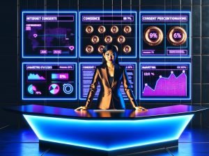 Stylisierter Marketingspezialist an einem digitalen Schreibtisch, umgeben von Analytics-Screens und Cookie-Bannern, die zu Goldmünzen werden. Helle Neonlichter und kontrastreiche Atmosphäre symbolisieren Wettbewerbsgeist und Profit durch Datenschutz.