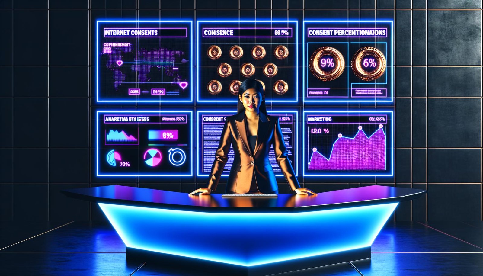 Stylisierter Marketingspezialist an einem digitalen Schreibtisch, umgeben von Analytics-Screens und Cookie-Bannern, die zu Goldmünzen werden. Helle Neonlichter und kontrastreiche Atmosphäre symbolisieren Wettbewerbsgeist und Profit durch Datenschutz.