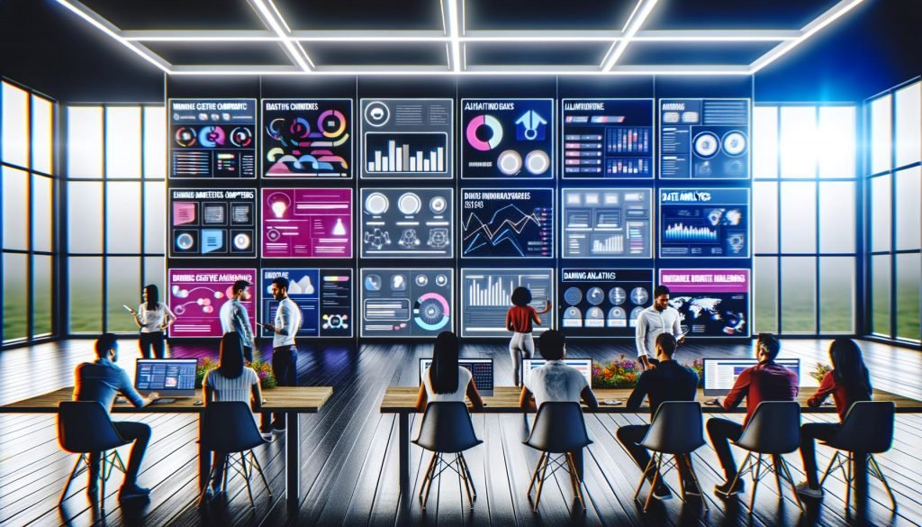 Marketingteam arbeitet an Apple News Ads Kampagnen in modernem Workspace mit großen Bildschirmen, Datenanalysen und kreativen Bannern.