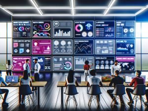 Marketingteam arbeitet an Apple News Ads Kampagnen in modernem Workspace mit großen Bildschirmen, Datenanalysen und kreativen Bannern.