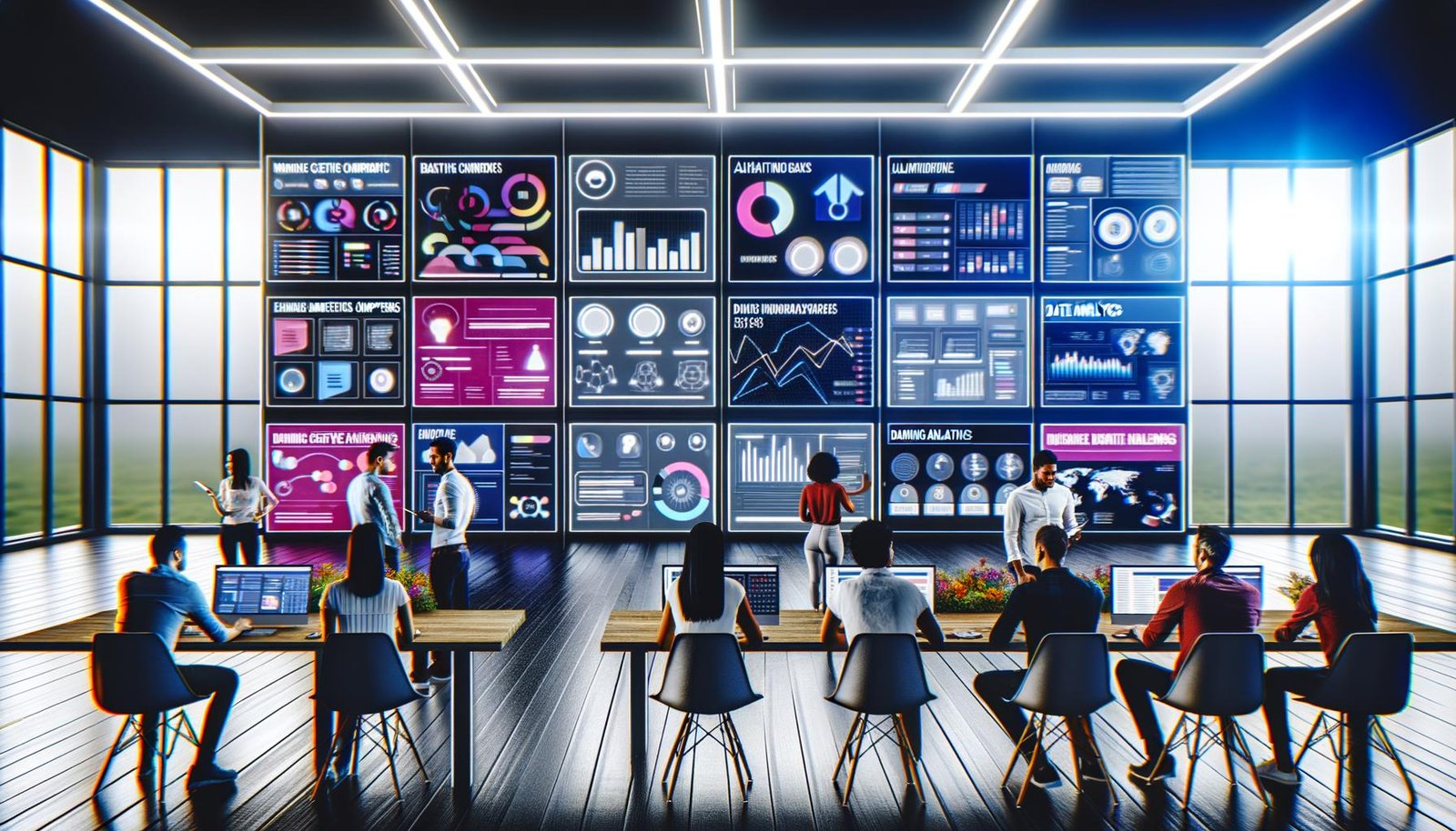 Marketingteam arbeitet an Apple News Ads Kampagnen in modernem Workspace mit großen Bildschirmen, Datenanalysen und kreativen Bannern.