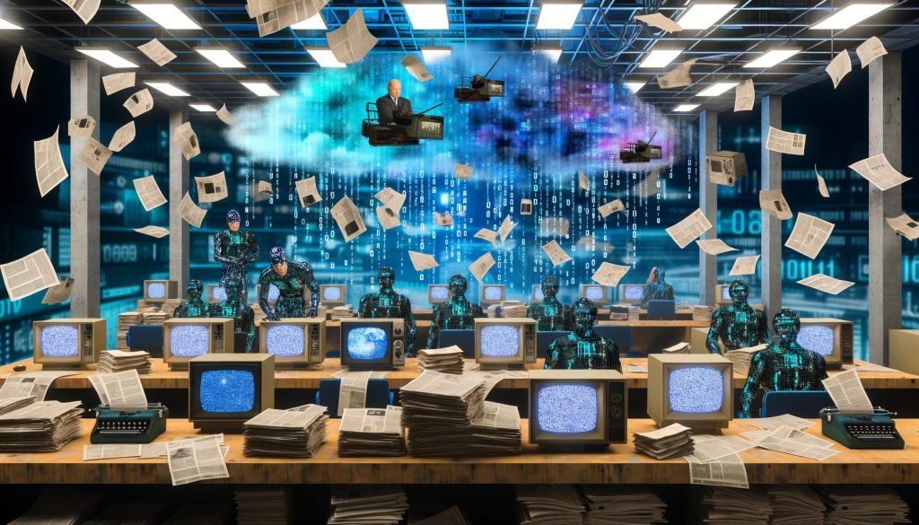 Ein futuristischer Newsroom zeigt den Konflikt zwischen analoger und digitaler Welt, mit Roboterschatten, KI-Gesichtern, alten Fernsehern und überforderten Politikern, die von einer Daten- und Propagandaflut überrollt werden.