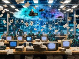 Ein futuristischer Newsroom zeigt den Konflikt zwischen analoger und digitaler Welt, mit Roboterschatten, KI-Gesichtern, alten Fernsehern und überforderten Politikern, die von einer Daten- und Propagandaflut überrollt werden.