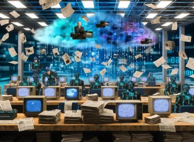 Ein futuristischer Newsroom zeigt den Konflikt zwischen analoger und digitaler Welt, mit Roboterschatten, KI-Gesichtern, alten Fernsehern und überforderten Politikern, die von einer Daten- und Propagandaflut überrollt werden.