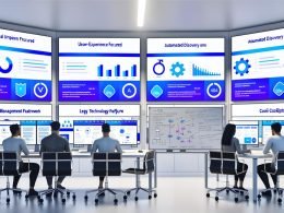 Büro mit fünf Monitoren zeigt Dashboards verschiedener Consent-Management-Plattformen; im Hintergrund diskutieren ein Entwickler und eine Compliance-Fachkraft vor einem Whiteboard über Datenschutz.