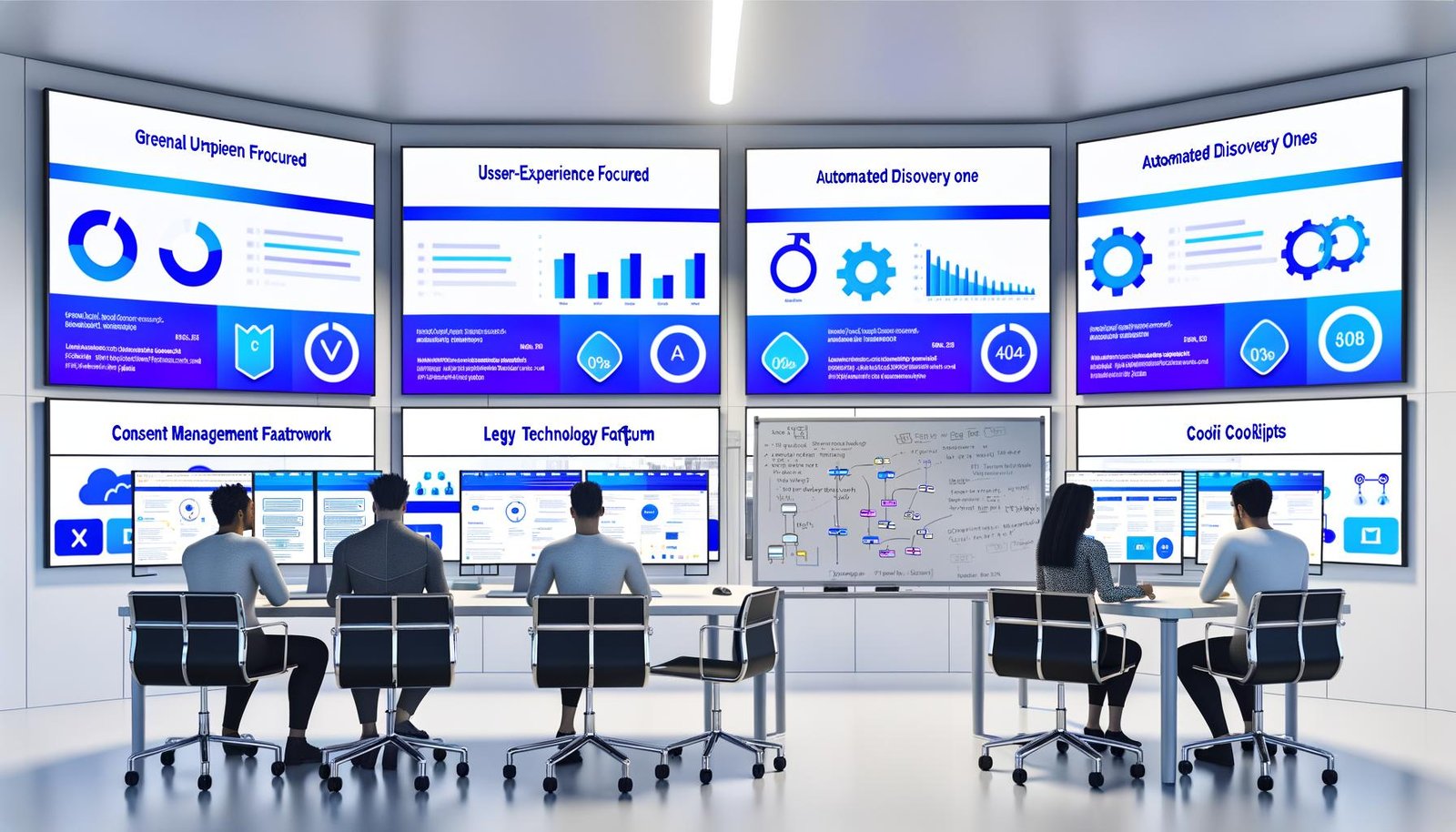Büro mit fünf Monitoren zeigt Dashboards verschiedener Consent-Management-Plattformen; im Hintergrund diskutieren ein Entwickler und eine Compliance-Fachkraft vor einem Whiteboard über Datenschutz.