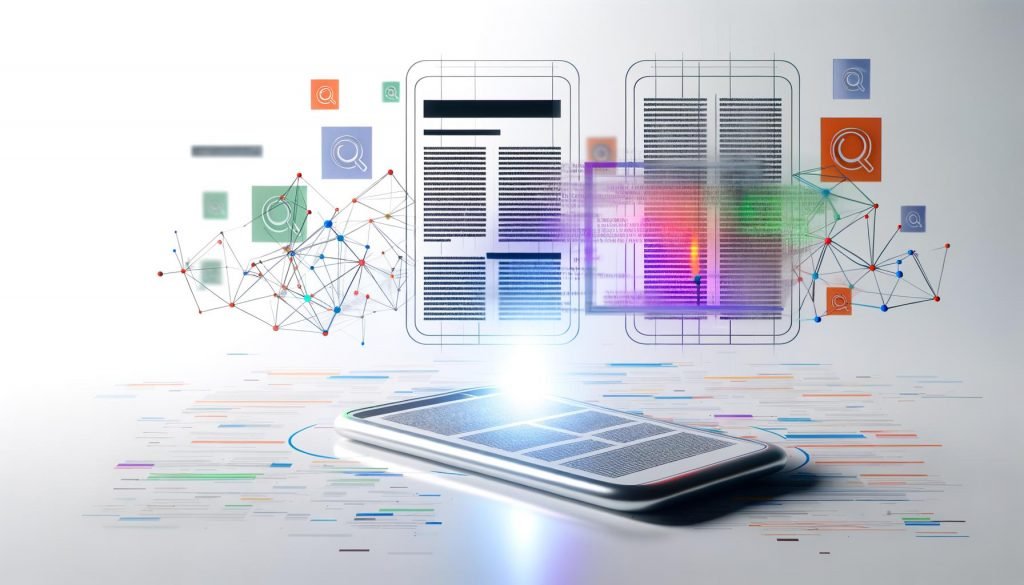 Schwebendes iPhone mit News-Artikel, umgeben von transparenten semantischen Netzwerken und KI-Symbolen; Werbebanner nebendran, nur relevante Anzeige hervorgehoben. Futuristisches Apple-Interface im minimalistischen Stil.