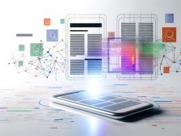 Schwebendes iPhone mit News-Artikel, umgeben von transparenten semantischen Netzwerken und KI-Symbolen; Werbebanner nebendran, nur relevante Anzeige hervorgehoben. Futuristisches Apple-Interface im minimalistischen Stil.