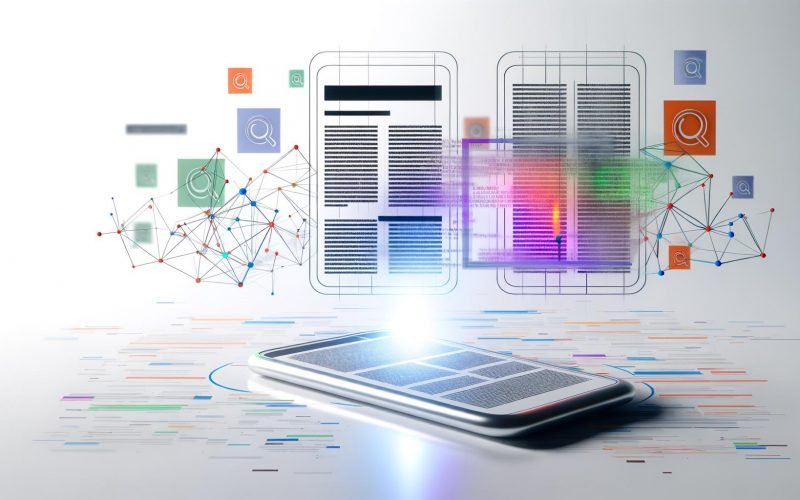 Schwebendes iPhone mit News-Artikel, umgeben von transparenten semantischen Netzwerken und KI-Symbolen; Werbebanner nebendran, nur relevante Anzeige hervorgehoben. Futuristisches Apple-Interface im minimalistischen Stil.