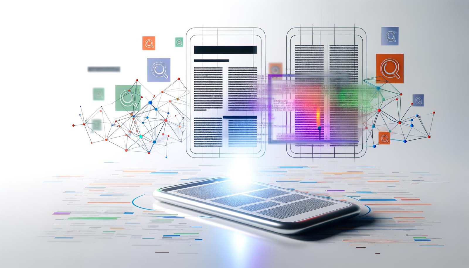 Schwebendes iPhone mit News-Artikel, umgeben von transparenten semantischen Netzwerken und KI-Symbolen; Werbebanner nebendran, nur relevante Anzeige hervorgehoben. Futuristisches Apple-Interface im minimalistischen Stil.
