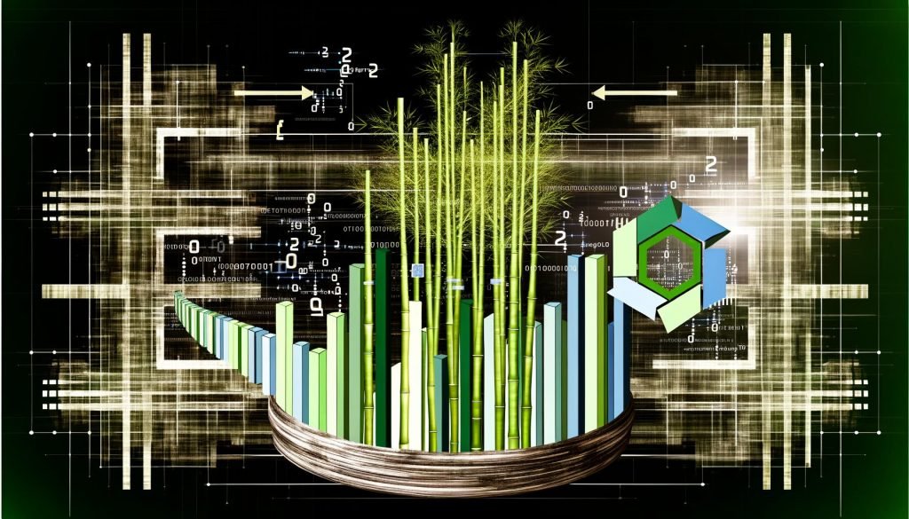 Abstrakte Illustration eines kräftigen Bambus, der nahtlos in Datenströme, binäre Codes und digitale Architektur übergeht, flankiert von SEO-relevanten Grafiken und asiatischen Kalligrafie-Elementen.