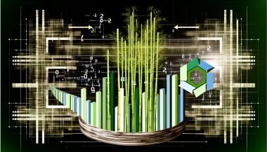 Abstrakte Illustration eines kräftigen Bambus, der nahtlos in Datenströme, binäre Codes und digitale Architektur übergeht, flankiert von SEO-relevanten Grafiken und asiatischen Kalligrafie-Elementen.