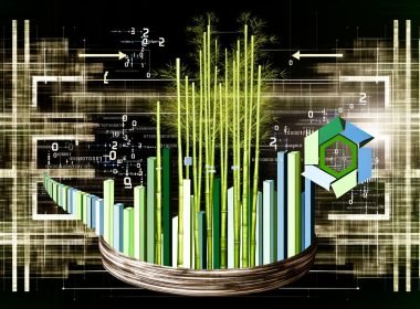 Abstrakte Illustration eines kräftigen Bambus, der nahtlos in Datenströme, binäre Codes und digitale Architektur übergeht, flankiert von SEO-relevanten Grafiken und asiatischen Kalligrafie-Elementen.
