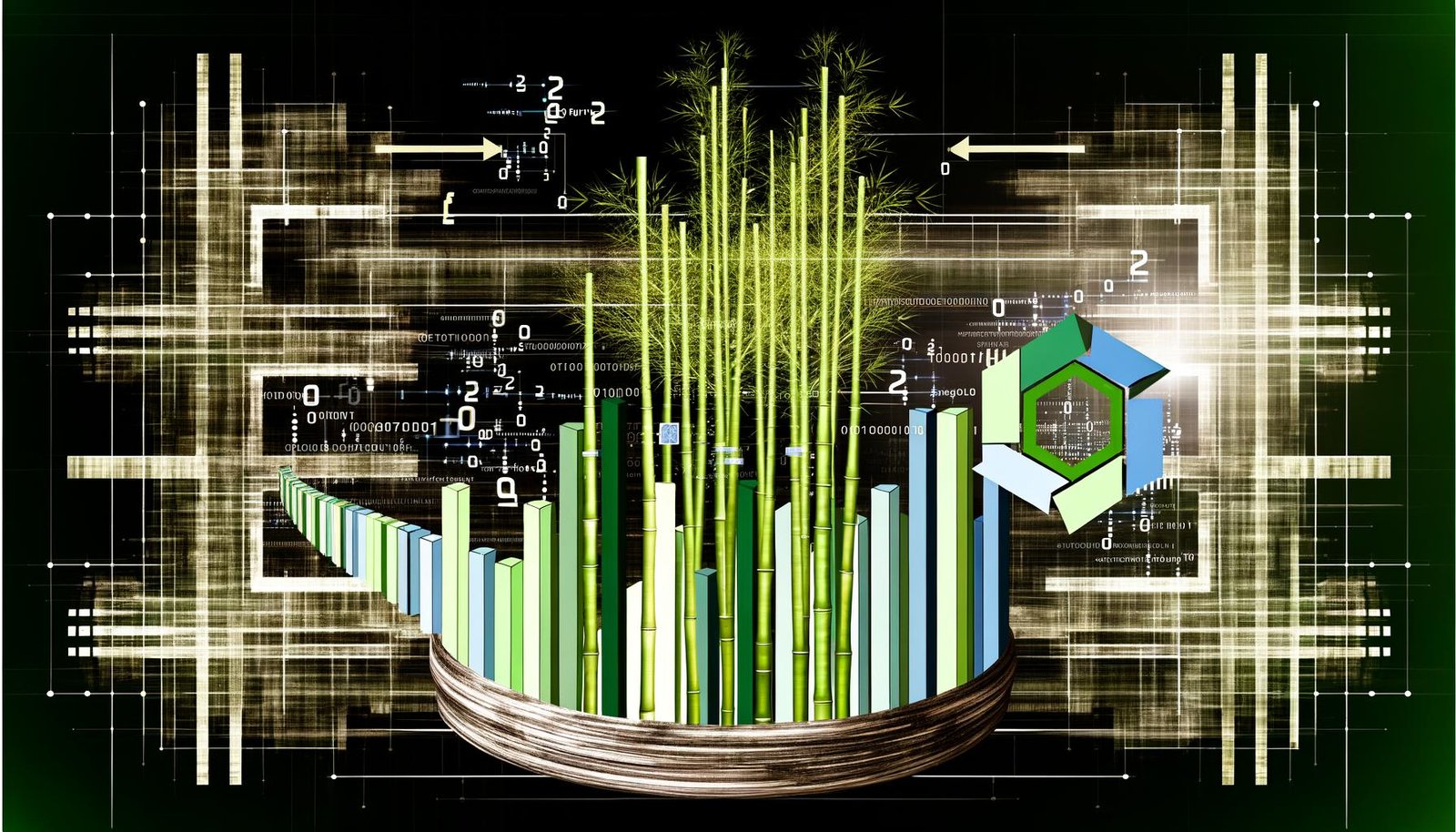 Abstrakte Illustration eines kräftigen Bambus, der nahtlos in Datenströme, binäre Codes und digitale Architektur übergeht, flankiert von SEO-relevanten Grafiken und asiatischen Kalligrafie-Elementen.