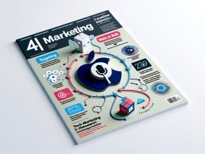 Editorial-Cover mit stilisiertem Apple News Interface, integrierten Native Ads, abstrahierten Voice Search Elementen wie Sprachwellen und Mikrofon, umgeben von Content-Blöcken und Analyse-Icons im modernen Magazin-Look.