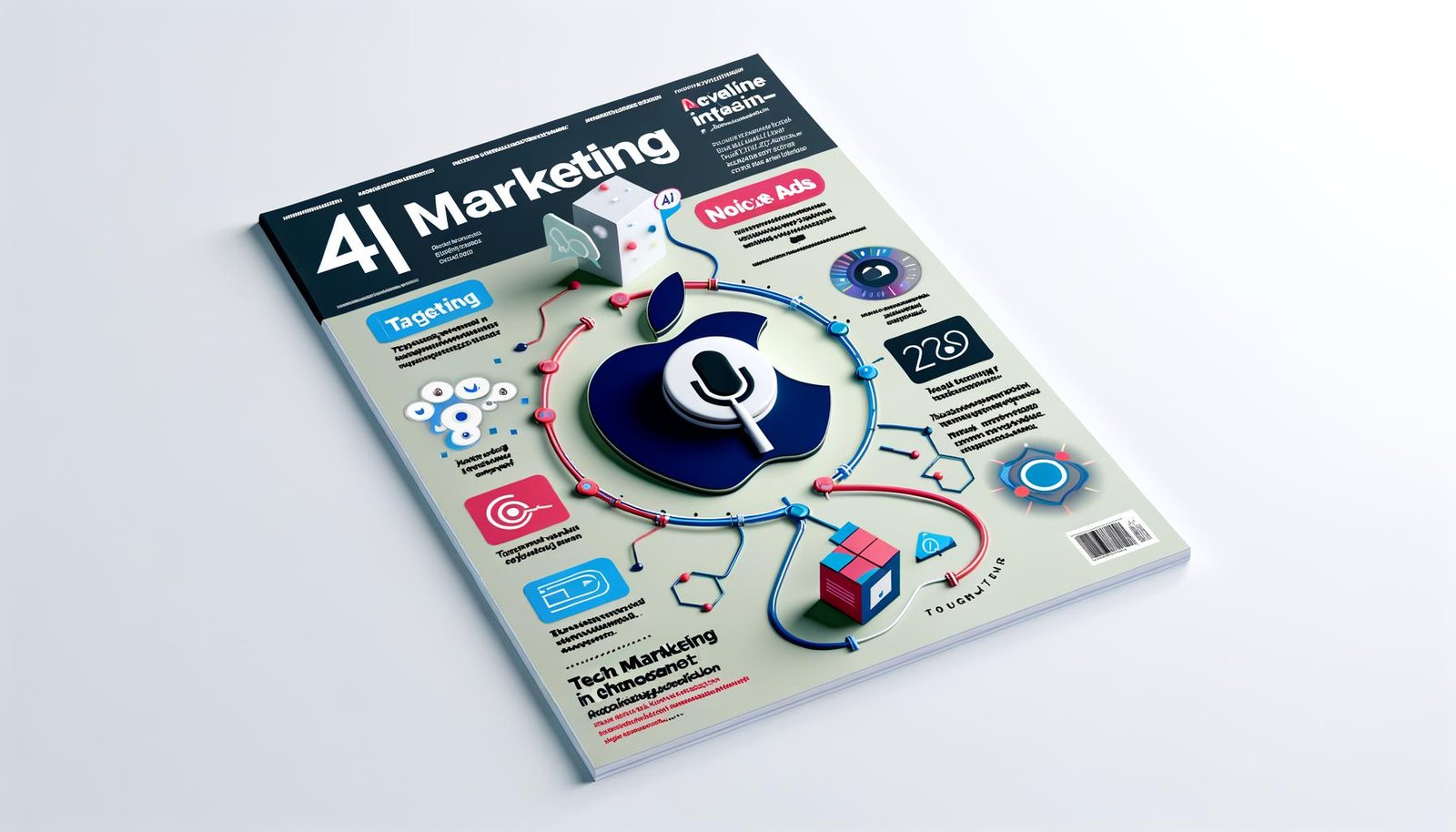 Editorial-Cover mit stilisiertem Apple News Interface, integrierten Native Ads, abstrahierten Voice Search Elementen wie Sprachwellen und Mikrofon, umgeben von Content-Blöcken und Analyse-Icons im modernen Magazin-Look.