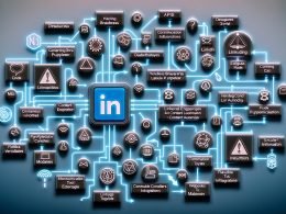 Technische, minimalistische Illustration einer vernetzten LinkedIn Content Automation Struktur mit zentralem LinkedIn-Logo und umgebenden Icons für APIs, Scripting, Datenbanken, Headless-Browser, Content-Engines, Webhooks, Cronjobs, Monitoring und Slack-Integration, verbunden durch leuchtende Flowchart-Linien.
