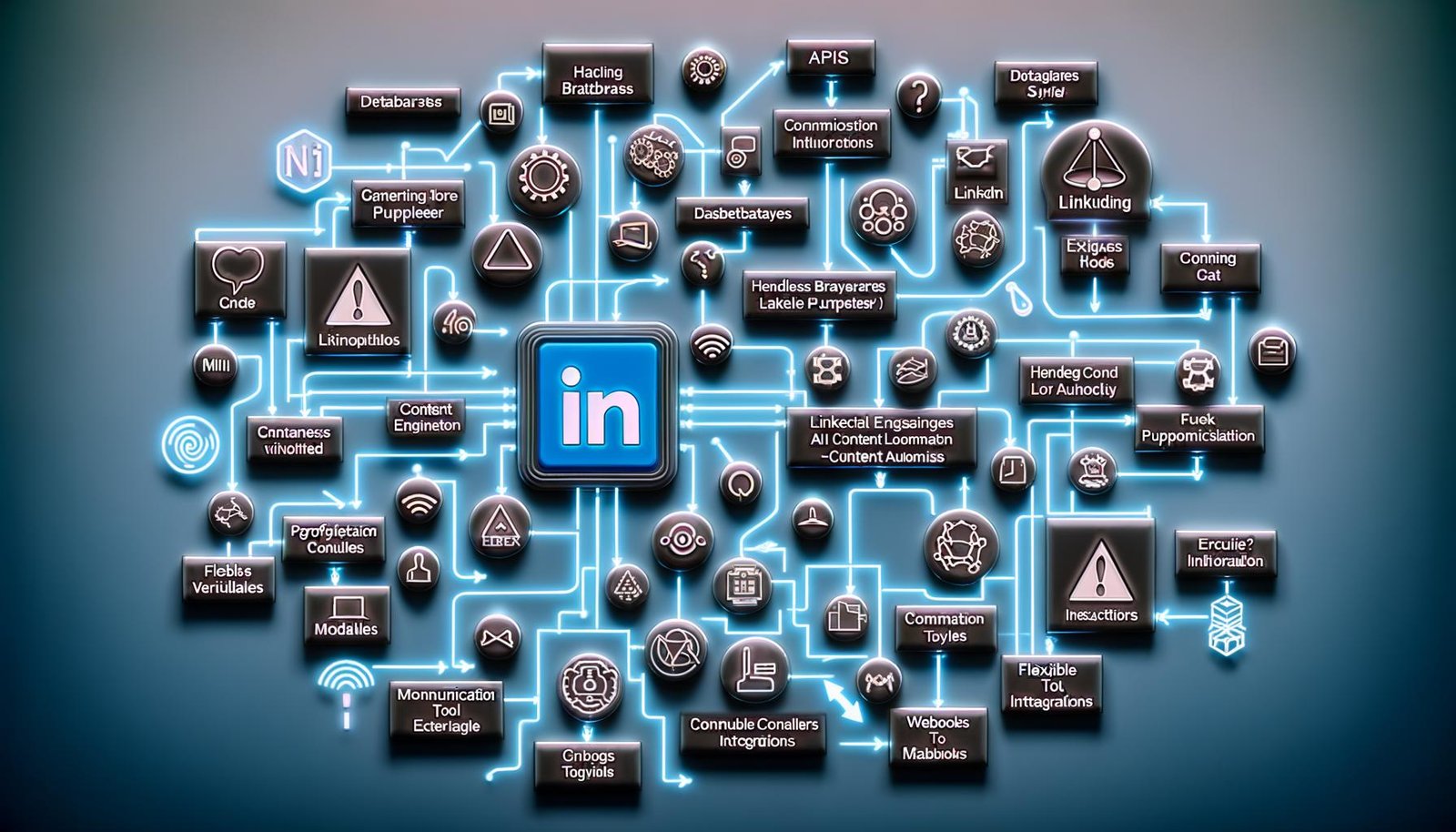 Technische, minimalistische Illustration einer vernetzten LinkedIn Content Automation Struktur mit zentralem LinkedIn-Logo und umgebenden Icons für APIs, Scripting, Datenbanken, Headless-Browser, Content-Engines, Webhooks, Cronjobs, Monitoring und Slack-Integration, verbunden durch leuchtende Flowchart-Linien.