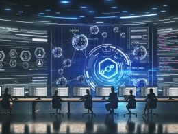 Futuristisches digitales Kontrollzentrum mit modernen Monitoren, schwebenden Daten-Visualisierungen und zentralem Dashboard für API-Verknüpfungen und SEO-Analysen, im Einsatz von Entwicklern und Marketern mit Webflow-Branding.