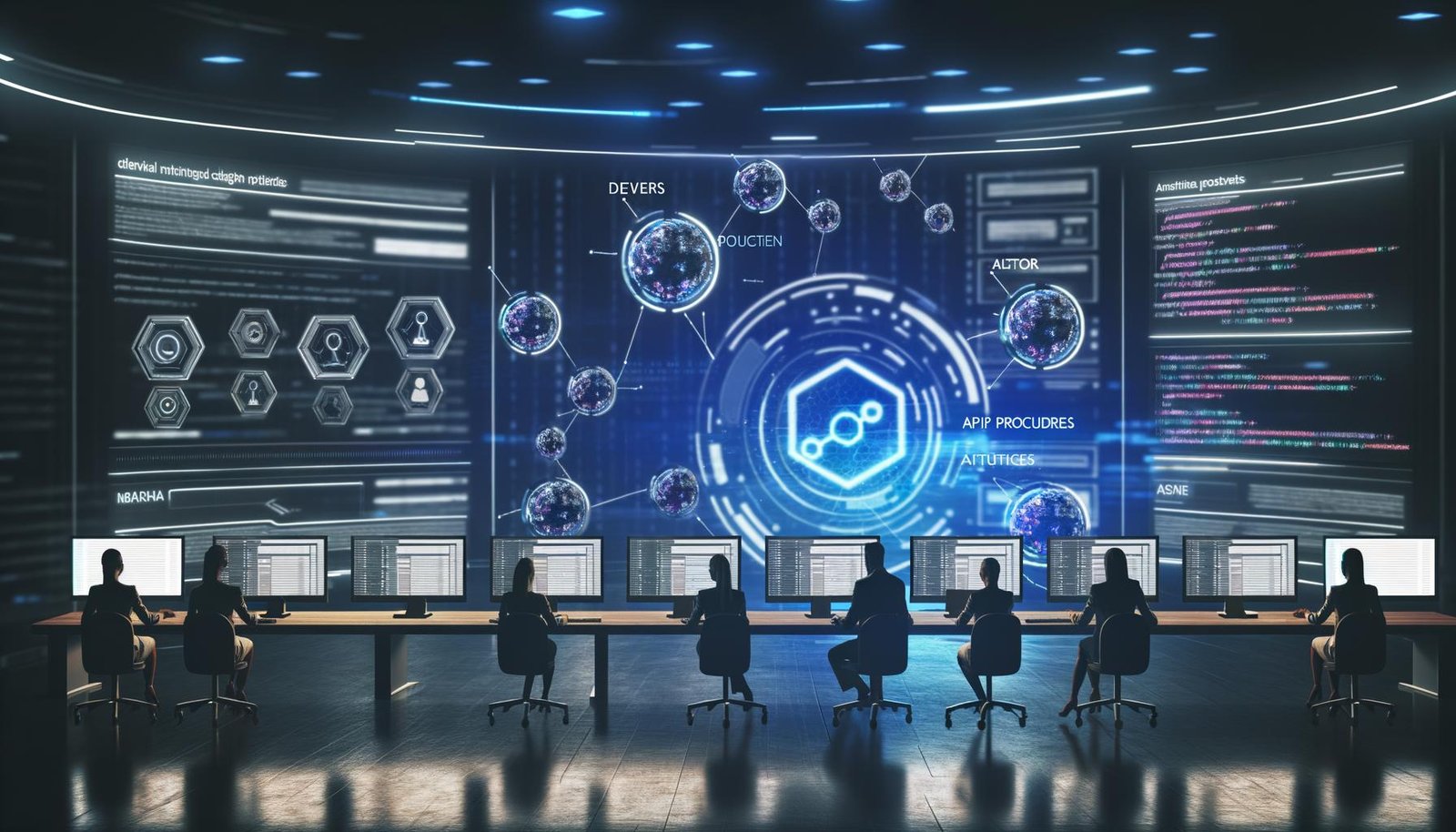 Futuristisches digitales Kontrollzentrum mit modernen Monitoren, schwebenden Daten-Visualisierungen und zentralem Dashboard für API-Verknüpfungen und SEO-Analysen, im Einsatz von Entwicklern und Marketern mit Webflow-Branding.