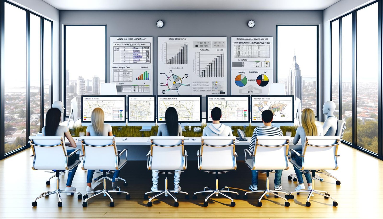 Junge SEO-Expert:innen im modernen Büro in Hannover analysieren Websites mit fortschrittlichen Tools und Whiteboard-Skizzen im urbanen Startup-Umfeld.