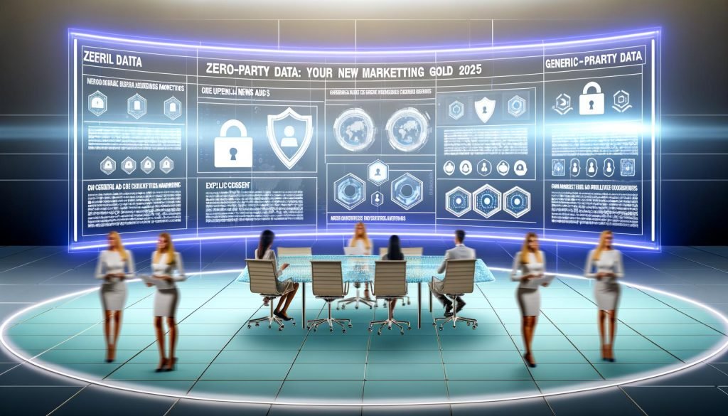 Mehrere Marketer arbeiten an futuristischen, leuchtenden Bildschirmen mit Datenvisualisierungen zu Apple News Ads, Datenschutzsymbolen wie Schilden und Apple-Logos im Hintergrund.