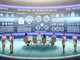 Mehrere Marketer arbeiten an futuristischen, leuchtenden Bildschirmen mit Datenvisualisierungen zu Apple News Ads, Datenschutzsymbolen wie Schilden und Apple-Logos im Hintergrund.