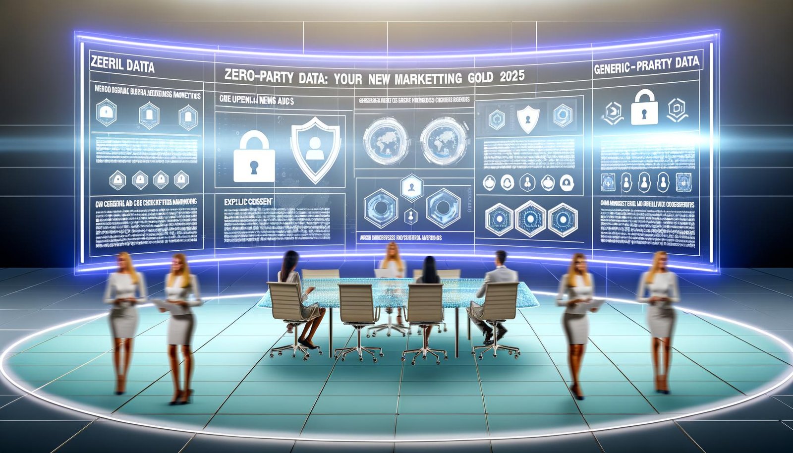 Mehrere Marketer arbeiten an futuristischen, leuchtenden Bildschirmen mit Datenvisualisierungen zu Apple News Ads, Datenschutzsymbolen wie Schilden und Apple-Logos im Hintergrund.