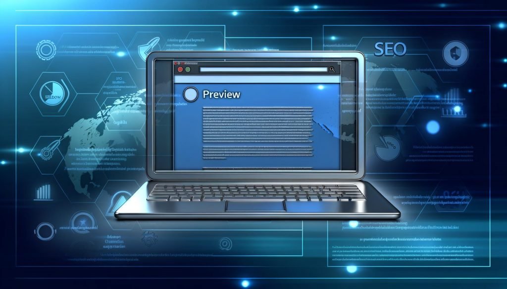 Laptop-Monitor mit LinkedIn-Beitrag inklusive markantem Titel, Beschreibung und Vorschaubild, umgeben von Icons für SEO, Tools und Datenanalyse auf blau-grauem Hintergrund.