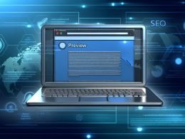 Laptop-Monitor mit LinkedIn-Beitrag inklusive markantem Titel, Beschreibung und Vorschaubild, umgeben von Icons für SEO, Tools und Datenanalyse auf blau-grauem Hintergrund.