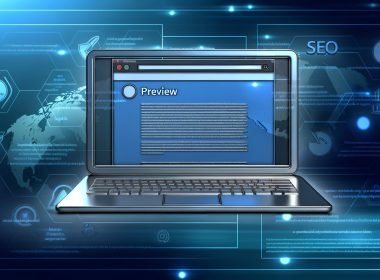Laptop-Monitor mit LinkedIn-Beitrag inklusive markantem Titel, Beschreibung und Vorschaubild, umgeben von Icons für SEO, Tools und Datenanalyse auf blau-grauem Hintergrund.