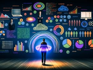 Dynamische Collage eines modernen Analysten, der eine Daten-Landkarte hält, umgeben von Datenströmen, Diagrammen, Computertechnologie, Code und Business-Entscheidern vor einem digitalen Zahlen-Friedhof.