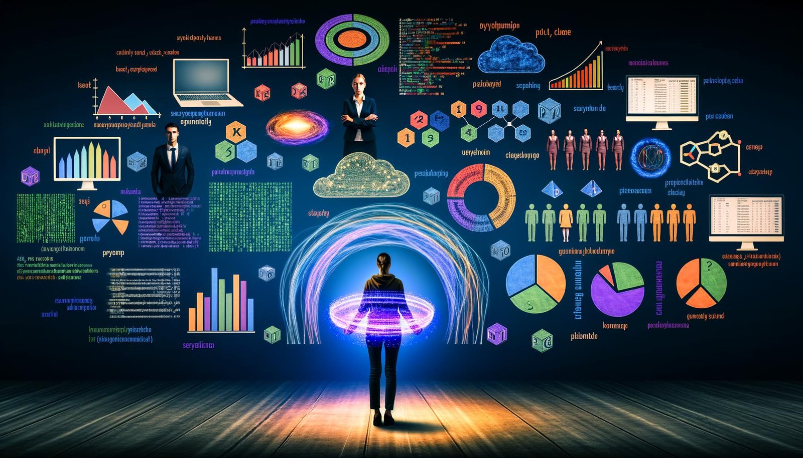 Dynamische Collage eines modernen Analysten, der eine Daten-Landkarte hält, umgeben von Datenströmen, Diagrammen, Computertechnologie, Code und Business-Entscheidern vor einem digitalen Zahlen-Friedhof.