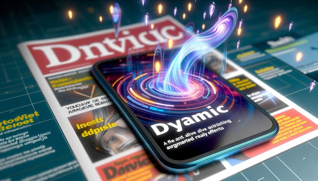 Futuristisches Smartphone mit Facebook Instant Article und lebendigen AR-Elementen, umgeben von Mobile-Publishing-Icons und Lichteffekten