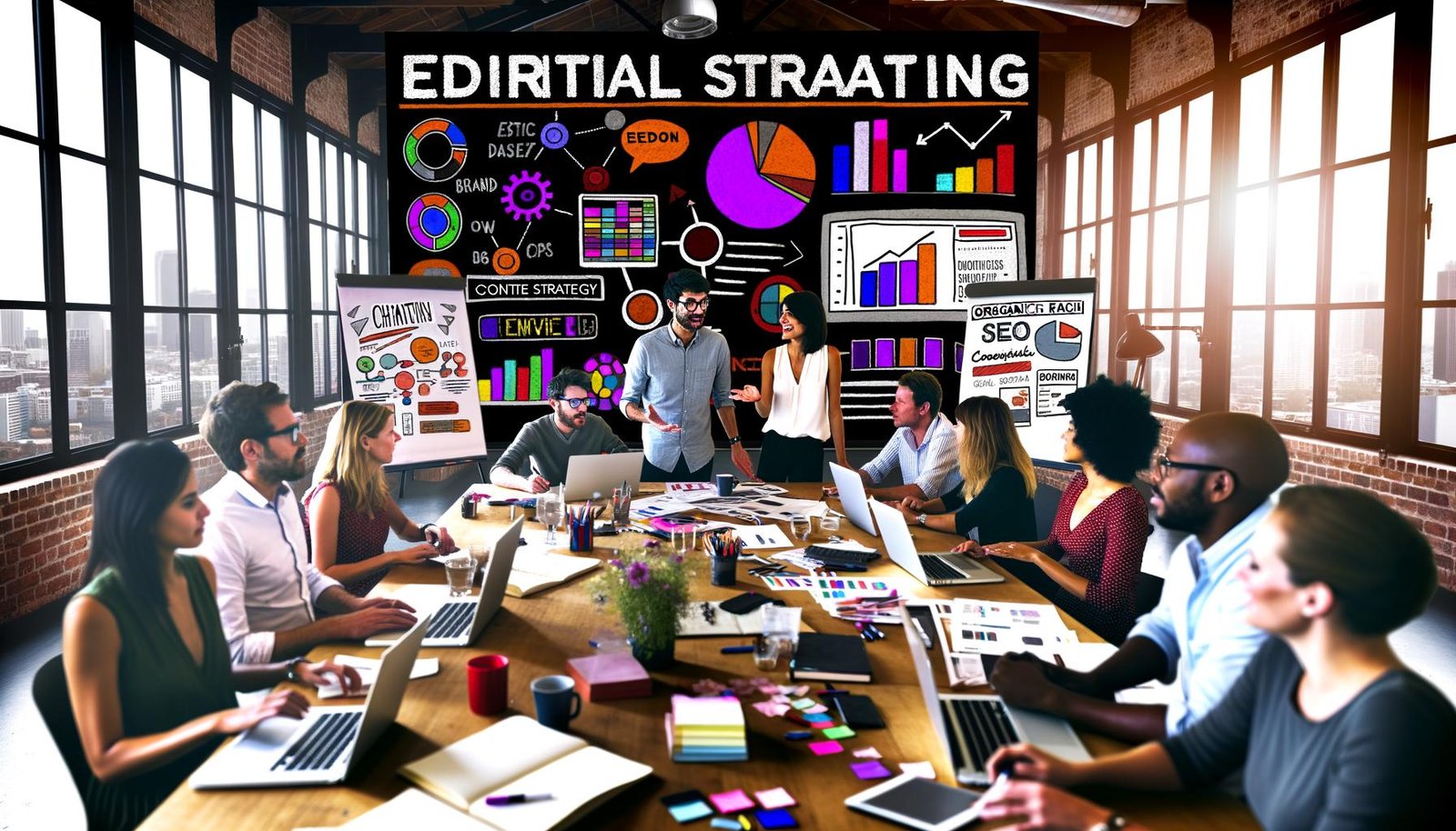 Kreatives Editorial-Meeting in einem modernen Loft-Büro mit Team am großen Tisch, Whiteboards, Laptops, Content-Strategie-Plänen und energiegeladener Atmosphäre.