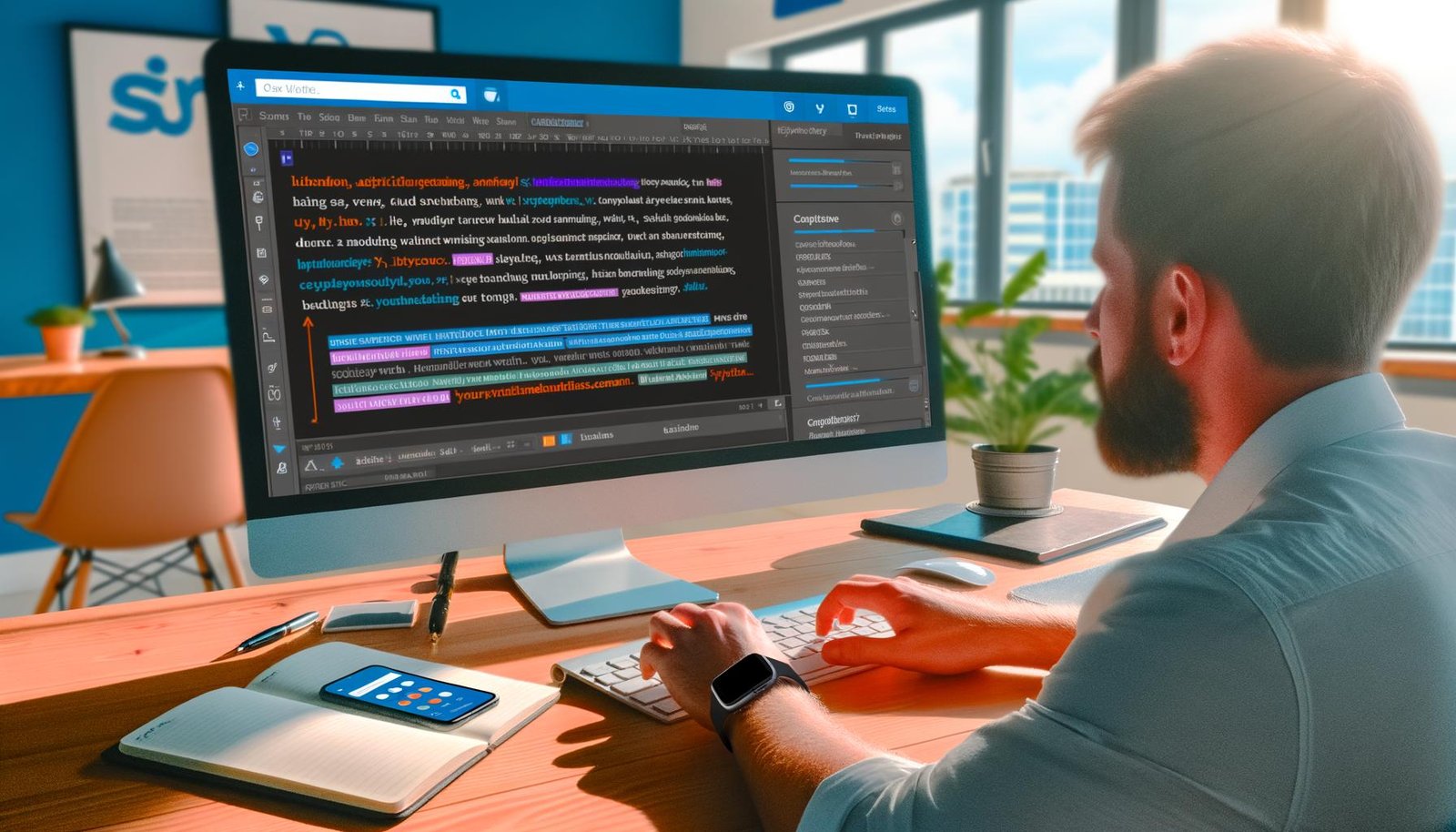 Mann arbeitet konzentriert an einem modernen Arbeitsplatz mit LinkedIn-Editor, farbigen Formatierungen, Notizbuch mit SEO-Stichpunkten, Smartphone-Preview und geöffneten Tools wie yaytext.com und Grammarly in einem sonnendurchfluteten Büro.