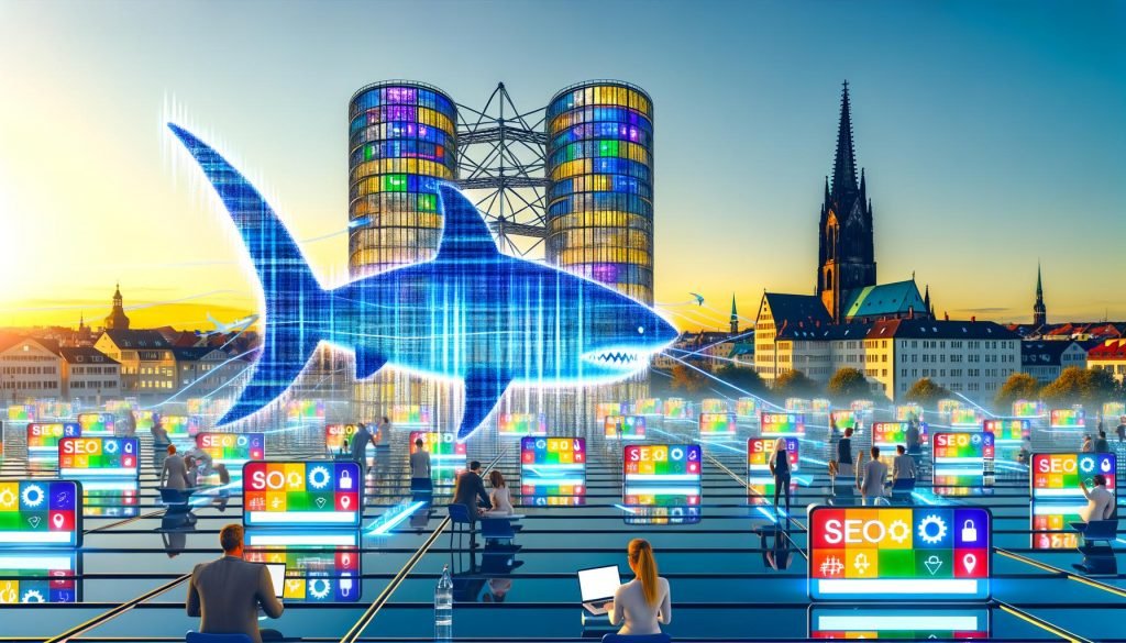 Dynamische, digitale Mainzer Stadtszene bei Sonnenuntergang mit modernen Bürogebäuden, SEO-Icons, pulsierenden Datenströmen, erkennbaren Mainzer Wahrzeichen und Menschen beim SEO-Wettbewerb.