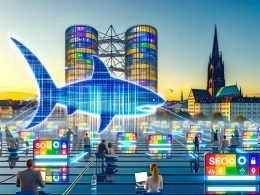 Dynamische, digitale Mainzer Stadtszene bei Sonnenuntergang mit modernen Bürogebäuden, SEO-Icons, pulsierenden Datenströmen, erkennbaren Mainzer Wahrzeichen und Menschen beim SEO-Wettbewerb.