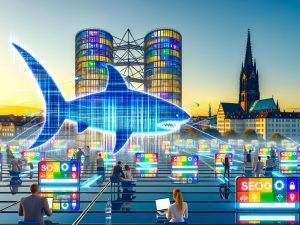 Dynamische, digitale Mainzer Stadtszene bei Sonnenuntergang mit modernen Bürogebäuden, SEO-Icons, pulsierenden Datenströmen, erkennbaren Mainzer Wahrzeichen und Menschen beim SEO-Wettbewerb.